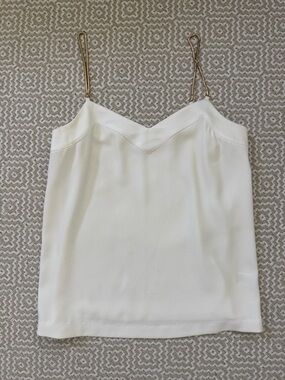 Trina Turk White Silk V-Neck Cami with Gold Chain Straps
